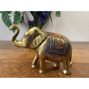 Vintage Brass Hand Painted‎ Elephant Figurine Etched Decor Collectible MCM Gift